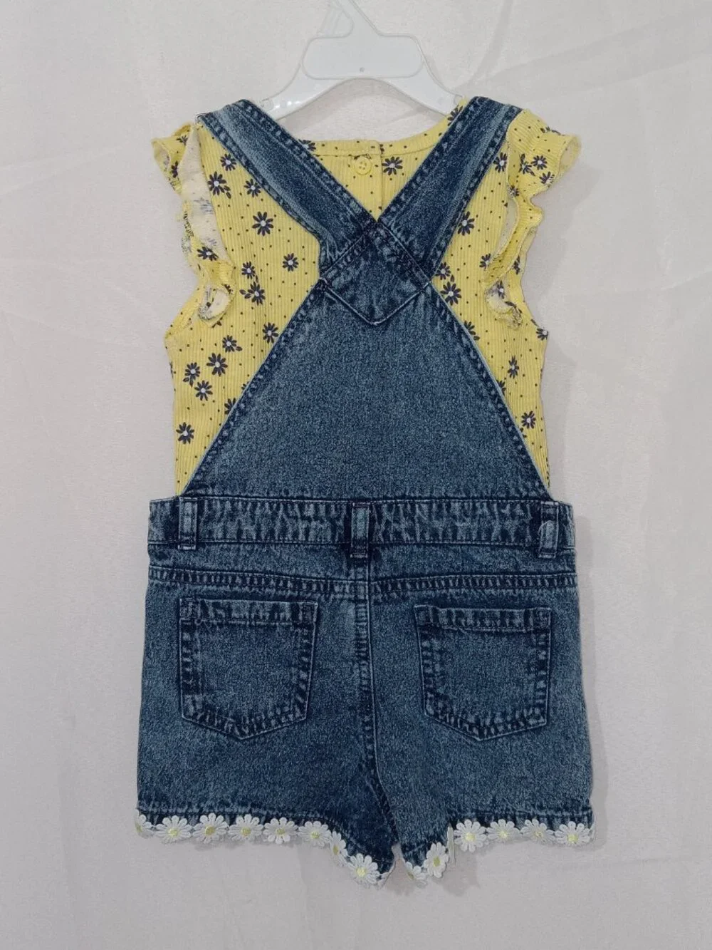 Little Lass Girls Daisy Denim Overall Shorts Set Yellow Top Size 6 - Picture 5 of 12
